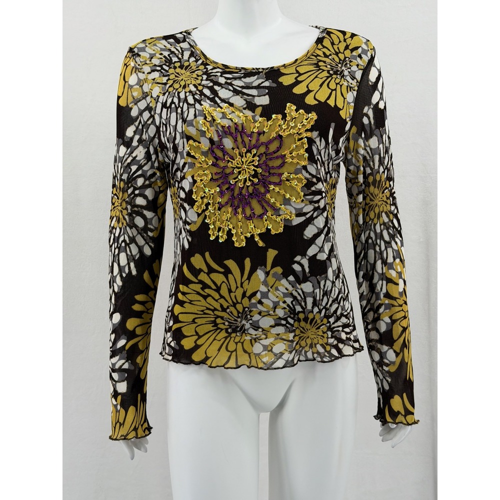A.Z.I Jeans Top Womens XL Yellow Brown Floral Sequin Mesh Eclectic Artsy Boho